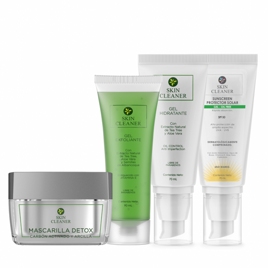 KITX4 Gel Exfoliante + Mascarilla Detox + Gel Hidratante + Protector Solar En Gel SPF50+